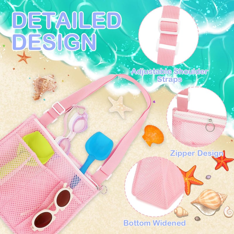 Fammart Mesh Beach Bag, Large Beach Tote with Zipper Pocket, Toys Pool Bag for Family Travel Vacation Cruise Essentials, Small, 3PCS - Pink, Purple, Blue - Image 4