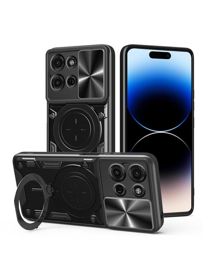 Zaboon For Motorola Moto G75 5G CD Texture Sliding Camshield Magnetic Holder Phone Case(Black) 