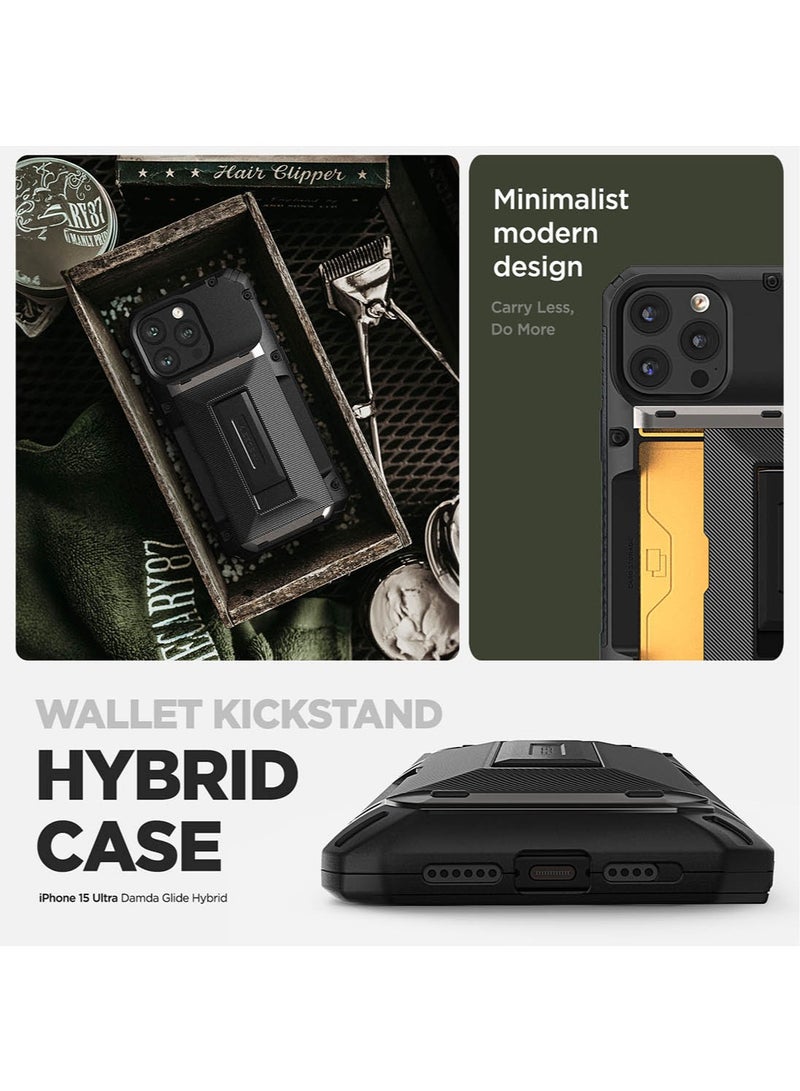 VRS Design Damda Glide Hybrid iPhone 15 Pro MAX Case Cover Wallet with Semi Automatic Credit Card Holder Slot [3-4 Cards] & Kickstand - Black Groove - Image 3