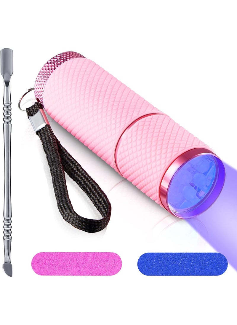 Chumia Mini Handheld UV LED Nail lamp for Gel Fingernail with 9 LED Nail Cuticle Pusher Portable Manicure Tool UV Fingernail Dryer Polish Glue Gel with 2 Pieces Files for Woman Home DIY Manicure(Pink) 