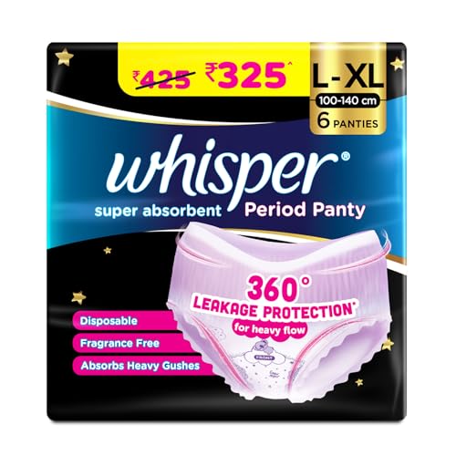 Whisper Super Absorbent Period Panty, 6 L-XL Pants, 360 Degree Leakage Protection* for Heavy Flow, Panty like Fit, Full back Coverage, Absorbs Heavy Gushes, Silky Soft, Comfortable Feel - Image 1