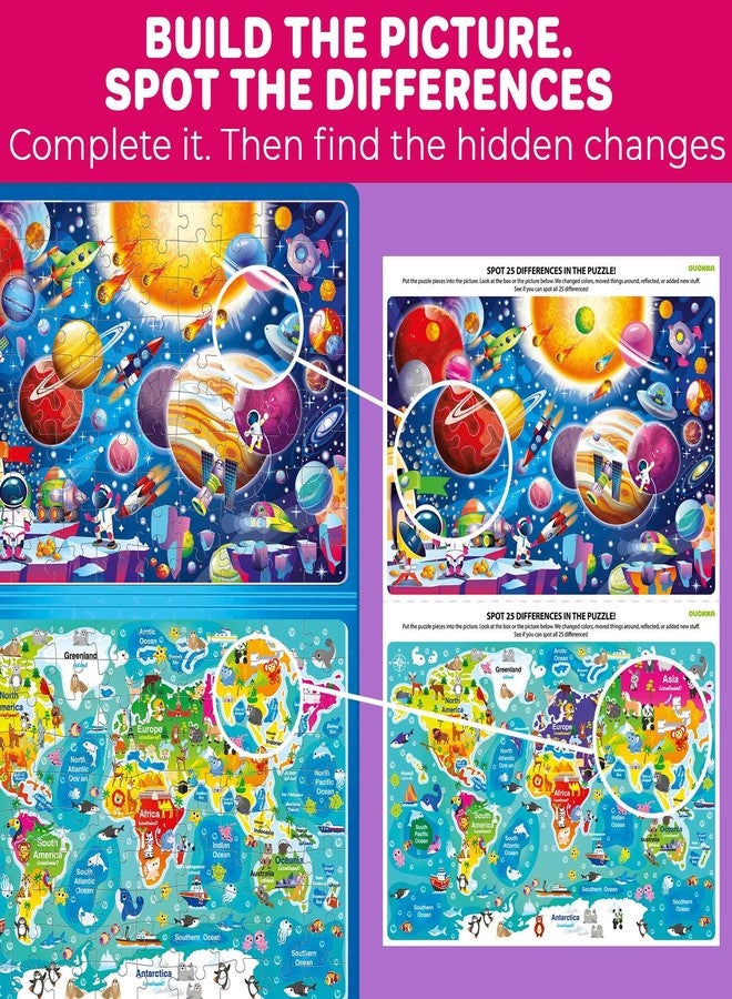 QUOKKA Magnetic Puzzles for Kids Ages 4-6 - 100 PCS Magnetic Puzzle Book for Toddlers 3-5 - 2 Puzzles & 2 Spot The Difference Maps - Search & Find Travel Games - Space, World Map Toddler Travel Toys - Image 3