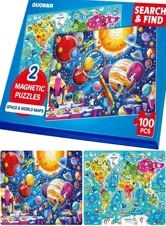 QUOKKA Magnetic Puzzles for Kids Ages 4-6 - 100 PCS Magnetic Puzzle Book for Toddlers 3-5 - 2 Puzzles & 2 Spot The Difference Maps - Search & Find Travel Games - Space, World Map Toddler Travel Toys - Image 1