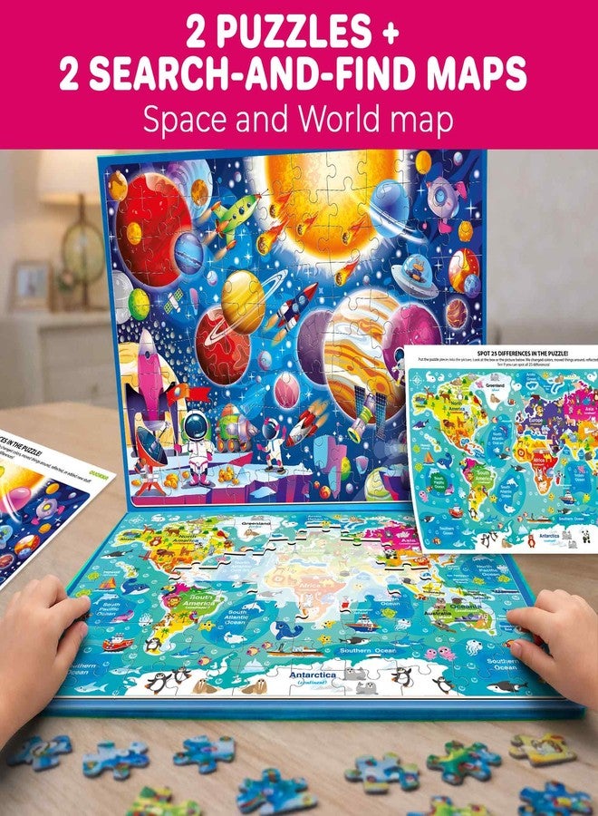 QUOKKA Magnetic Puzzles for Kids Ages 4-6 - 100 PCS Magnetic Puzzle Book for Toddlers 3-5 - 2 Puzzles & 2 Spot The Difference Maps - Search & Find Travel Games - Space, World Map Toddler Travel Toys - Image 2