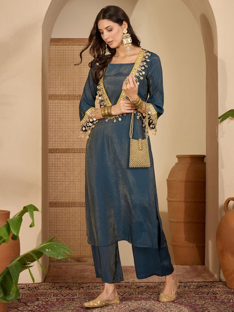 EthnicJunction Women's Silk Blend Embroidered & Mirror Work Bell Sleeves Kurta Palazzo Set | Fusion wear Women | Ethnic Set for Women Teal - Image 3