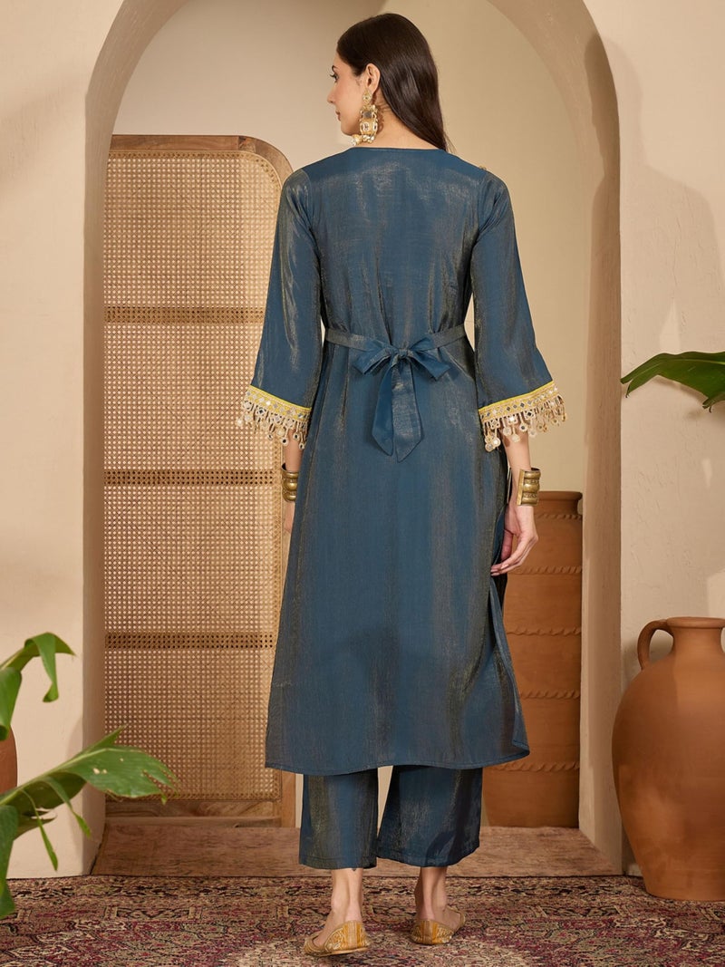 EthnicJunction Women's Silk Blend Embroidered & Mirror Work Bell Sleeves Kurta Palazzo Set | Fusion wear Women | Ethnic Set for Women Teal - Image 5
