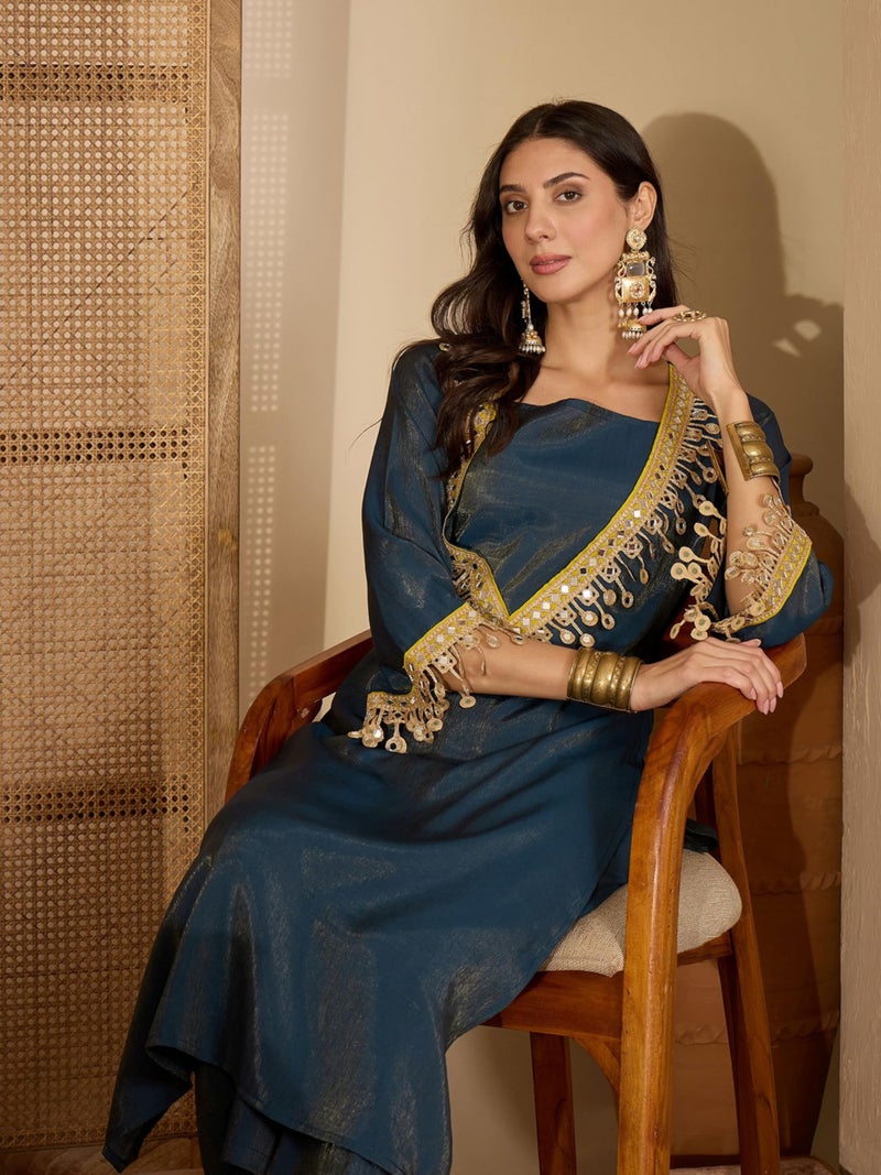 EthnicJunction Women's Silk Blend Embroidered & Mirror Work Bell Sleeves Kurta Palazzo Set | Fusion wear Women | Ethnic Set for Women Teal - Image 2