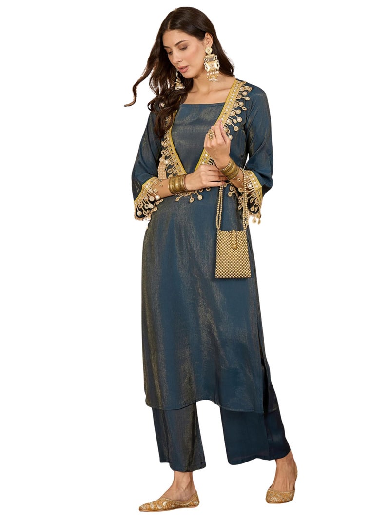EthnicJunction Women's Silk Blend Embroidered & Mirror Work Bell Sleeves Kurta Palazzo Set | Fusion wear Women | Ethnic Set for Women Teal - Image 1