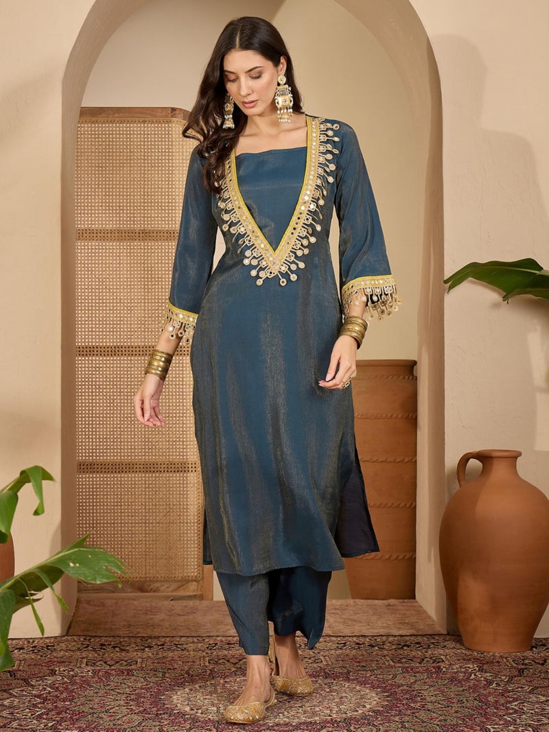 EthnicJunction Women's Silk Blend Embroidered & Mirror Work Bell Sleeves Kurta Palazzo Set | Fusion wear Women | Ethnic Set for Women Teal - Image 4
