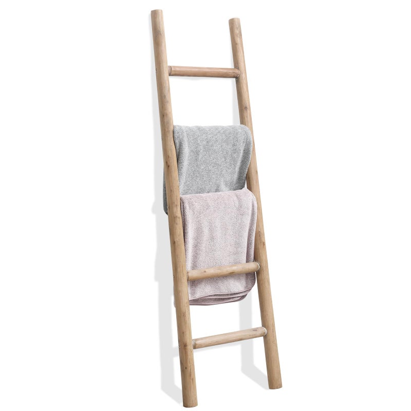 FUIN 57in Wood Blanket Ladder Living Room Decorative Wall Leaning Farmhouse Quilt Display Holder Rustic Wooden Towel Rack for Bathroom, Brown - Image 1