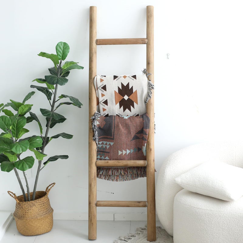 FUIN 57in Wood Blanket Ladder Living Room Decorative Wall Leaning Farmhouse Quilt Display Holder Rustic Wooden Towel Rack for Bathroom, Brown - Image 2