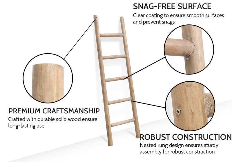 FUIN 57in Wood Blanket Ladder Living Room Decorative Wall Leaning Farmhouse Quilt Display Holder Rustic Wooden Towel Rack for Bathroom, Brown - Image 3