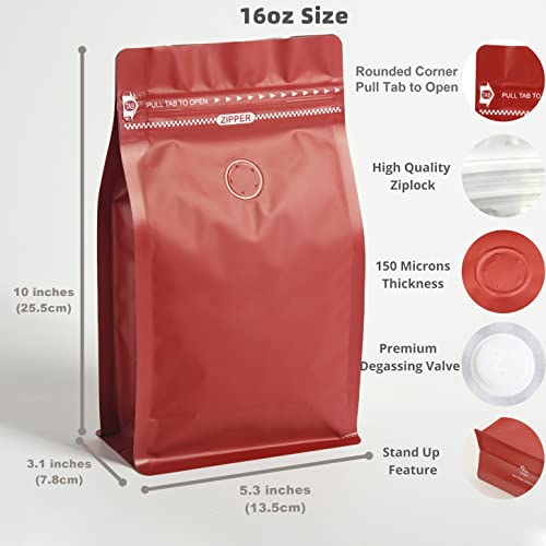 felipack 50 Count 16oz Red Coffee Bags with Aluminum Foil Liner, High Barrier Coffee Pouches with Degassing Valve, Ziplock Food Storage Bags with Pull Tape, Pack of 50, 16oz/1lb/500gram - Image 2