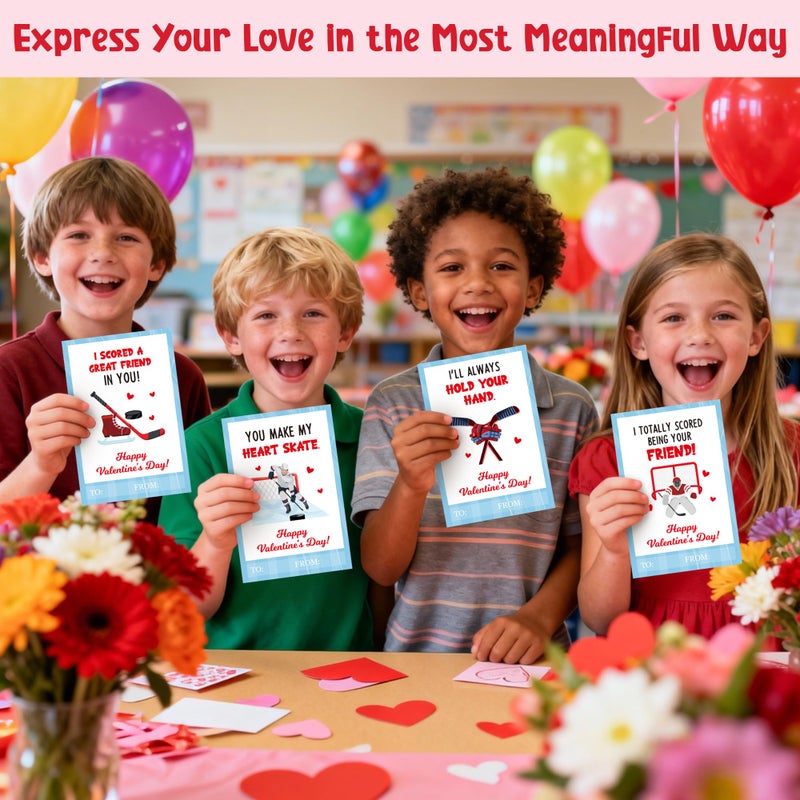 TICIAGA 72pcs Valentineâ€™s Day Ice Hockey Greeting Cards with Envelop and Stickers for Kids, 4 x 6 IN Sporty Design Hockey Exchange Gift Cards for Boys Girls Classroom Supplies, Valentines Party Favors - Image 5