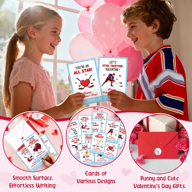 TICIAGA 72pcs Valentineâ€™s Day Ice Hockey Greeting Cards with Envelop and Stickers for Kids, 4 x 6 IN Sporty Design Hockey Exchange Gift Cards for Boys Girls Classroom Supplies, Valentines Party Favors - Image 4
