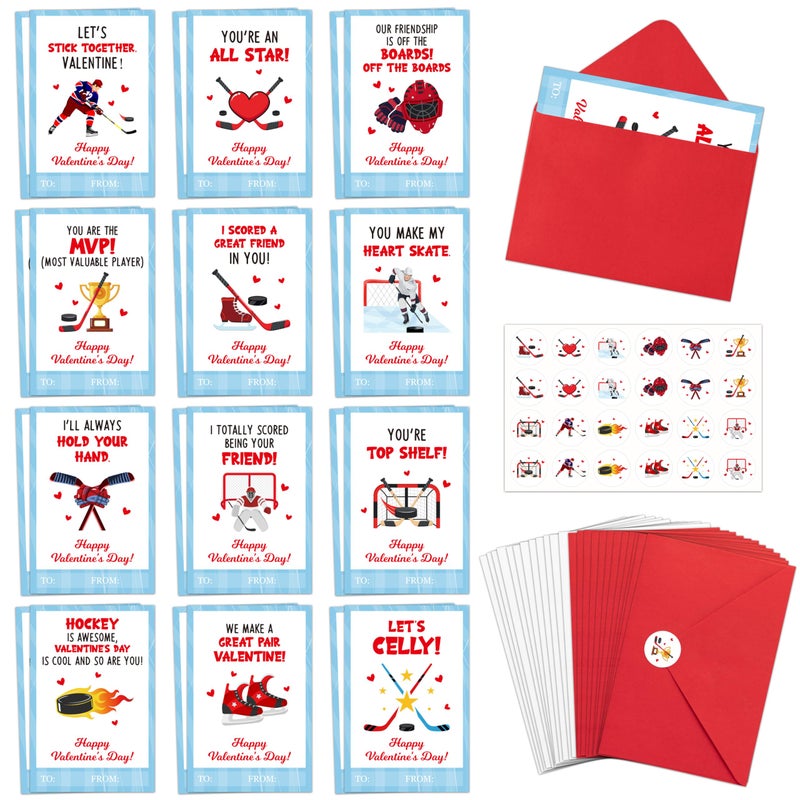 TICIAGA 72pcs Valentineâ€™s Day Ice Hockey Greeting Cards with Envelop and Stickers for Kids, 4 x 6 IN Sporty Design Hockey Exchange Gift Cards for Boys Girls Classroom Supplies, Valentines Party Favors - Image 1