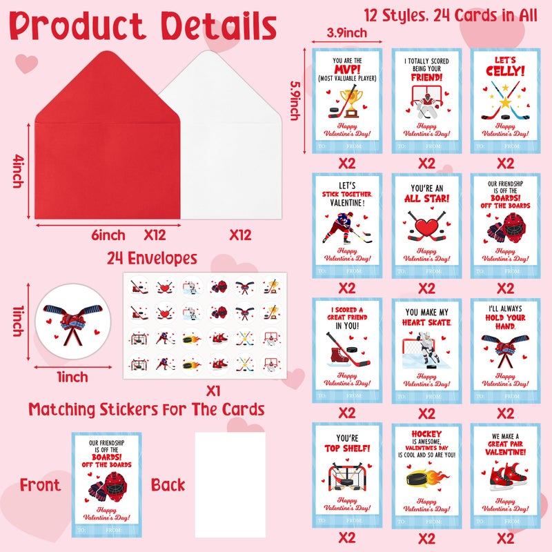TICIAGA 72pcs Valentineâ€™s Day Ice Hockey Greeting Cards with Envelop and Stickers for Kids, 4 x 6 IN Sporty Design Hockey Exchange Gift Cards for Boys Girls Classroom Supplies, Valentines Party Favors - Image 2