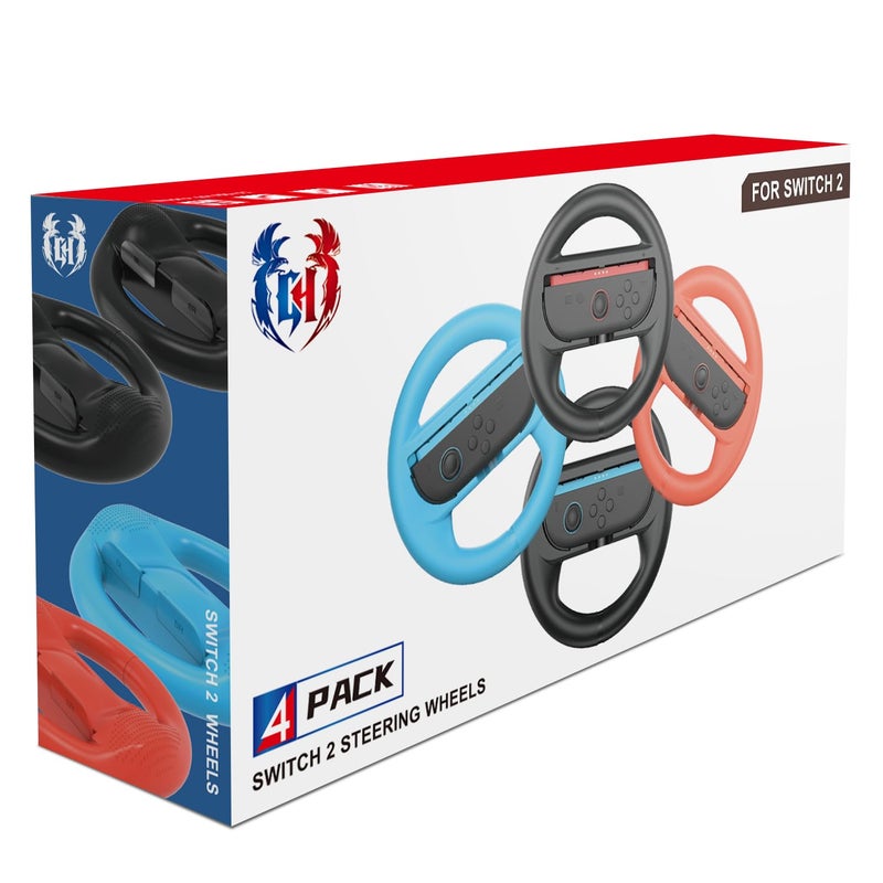 GH 4 Pack Switch 2 Steering Wheel Compatible with Mario Kart World, Mario Cart Racing Wheel Accessories Compatible with Nintendo Switch 2, Joy Con Games Controller (Black x2, Red and Blue) - Image 1