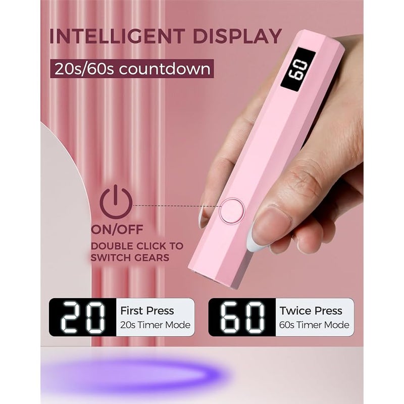 mlogiroa UV Nail Light Handheld UV Light for Nails 3W Portable Led Lamp with 2 Timer Settings 20/60s for Gel Polish Home DIY Salon Women(Pink) - Image 3