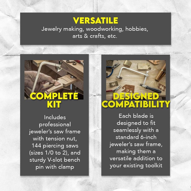 SE 3-in-1 Professional Jeweler's Saw Set - Saw Frame, 144 Blades, and V-Slot Bench Pin with Clamp - Versatile Tools for Precise Jewelry Making - Image 2