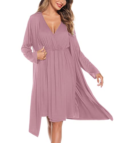 SWOMOG Women's Maternity Robe Set 2 Piece Nursing Nightgown 3 in 1 Labor Delivery Nursing for Breastfeeding Hospital Pregnancy Gown - Image 5