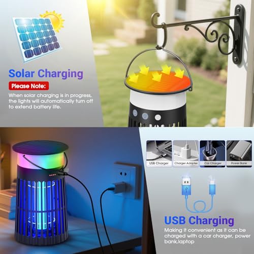 zechuan Solar Bug Zapper Outdoor Portable Electric Mosquito Killer with Panel Sensor Rechargeable Insect Trap with LED Night Light and Flame Effect Ideal for Outside Patio Backyard and Camping 1 Pack - Image 3