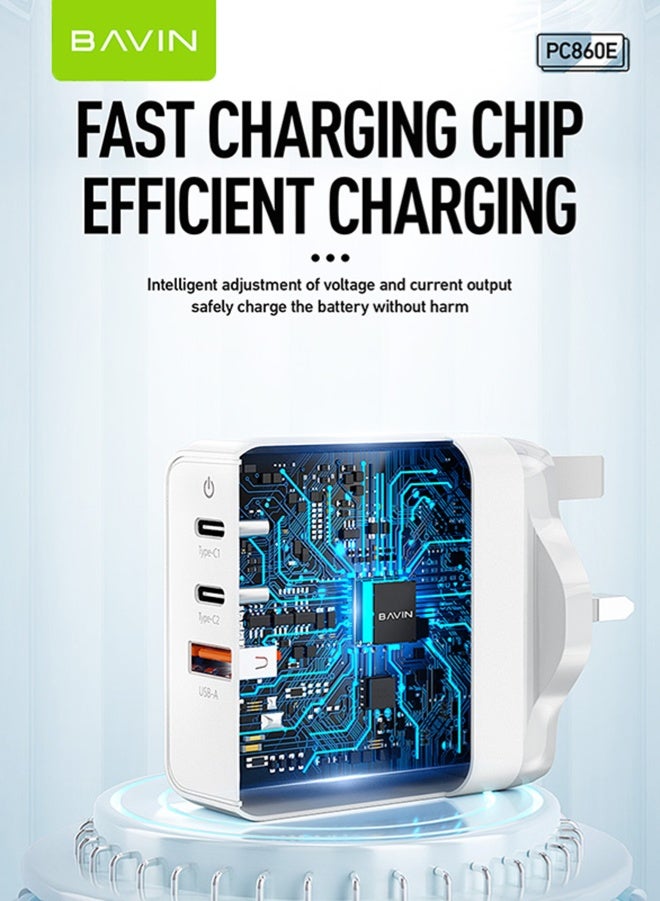 BAVIN 65W USB C Charger 3-Port Laptop Charger Type C Fast Wall Charger Plug Compatible with MacBook Pro/Air, HP/Dell/Lenovo, iPad Pro/Air, iPhone 15 Pro Max, Galaxy S23, Steam Deck, etc. White - Image 3