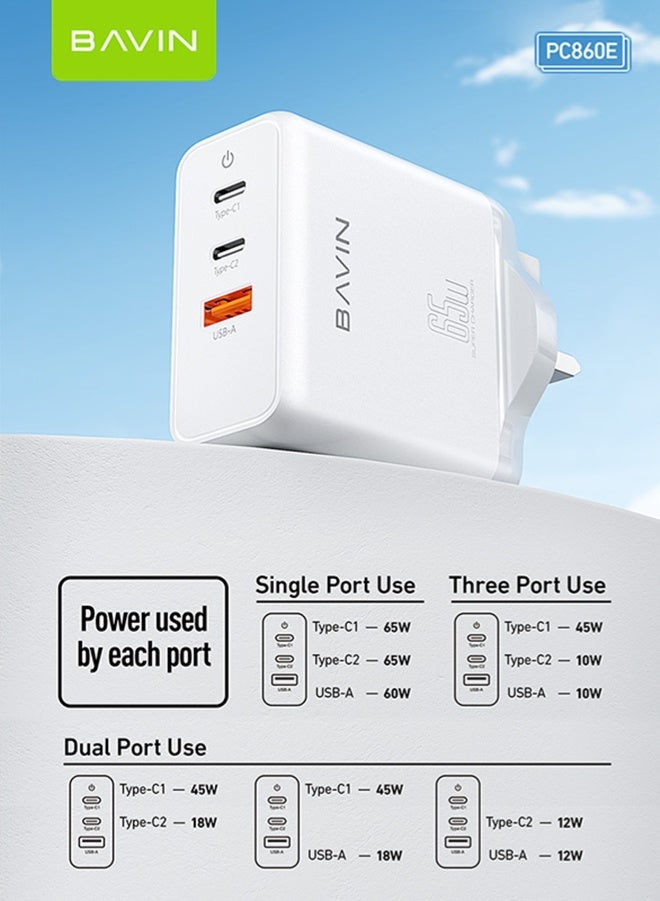 BAVIN 65W USB C Charger 3-Port Laptop Charger Type C Fast Wall Charger Plug Compatible with MacBook Pro/Air, HP/Dell/Lenovo, iPad Pro/Air, iPhone 15 Pro Max, Galaxy S23, Steam Deck, etc. White - Image 5