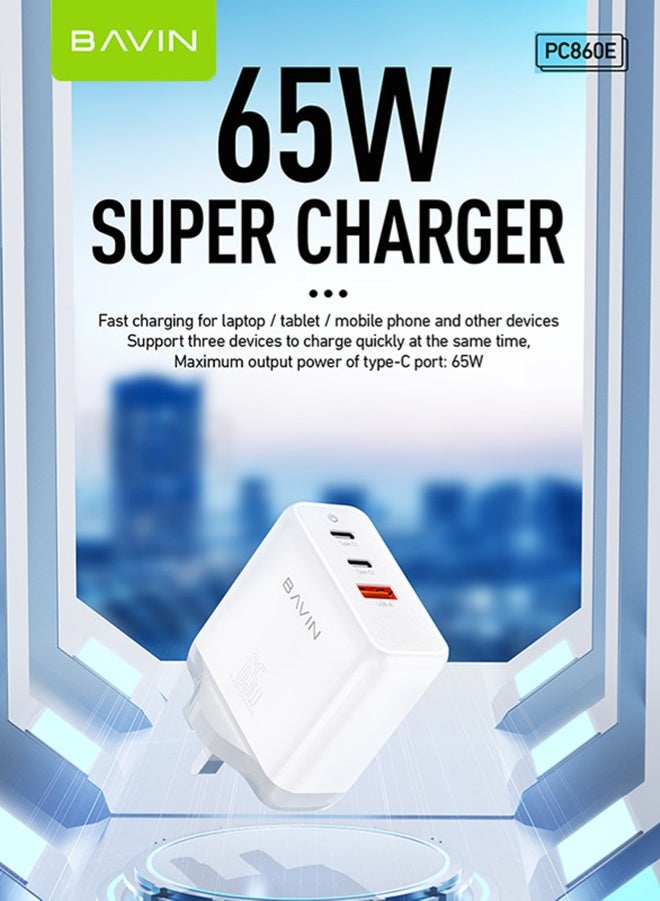 BAVIN 65W USB C Charger 3-Port Laptop Charger Type C Fast Wall Charger Plug Compatible with MacBook Pro/Air, HP/Dell/Lenovo, iPad Pro/Air, iPhone 15 Pro Max, Galaxy S23, Steam Deck, etc. White - Image 1