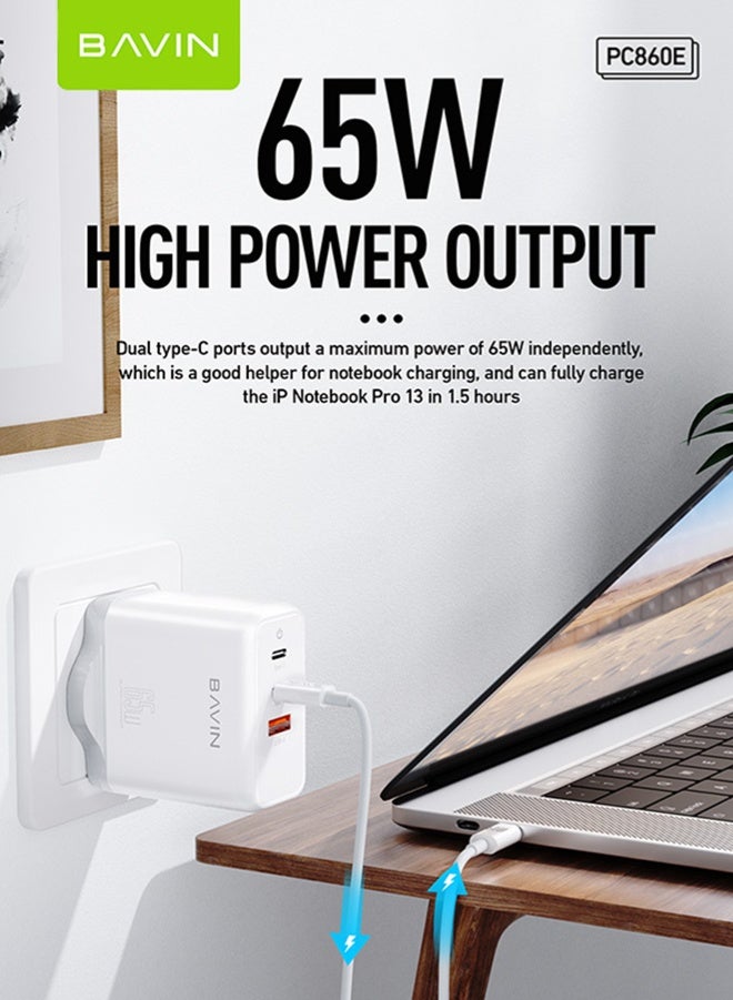BAVIN 65W USB C Charger 3-Port Laptop Charger Type C Fast Wall Charger Plug Compatible with MacBook Pro/Air, HP/Dell/Lenovo, iPad Pro/Air, iPhone 15 Pro Max, Galaxy S23, Steam Deck, etc. White - Image 2