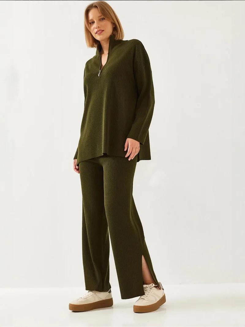 LUCCI Ribbed Zipper Collar Two-Piece Set with Slit