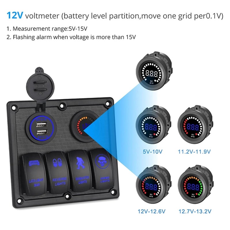 Wivplex 4 Gang Marine Boat Switch Panel with USB Charger - Image 3