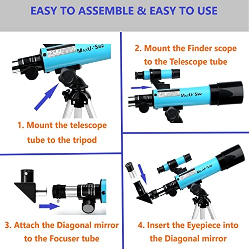 MaxUSee تلسكوب ماكسيوسي القمري للأطفال والمبتدئين في علم الفلك، تلسكوب انكساري مع منظار بحث و3 عدسات عينية، تلسكوب سفر مع مناظير مدمجة عالية الدقة لمشاهدة القمر ومراقبة الطيور والجولات السياحية - Image 4
