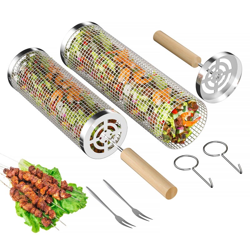 Rolling Grilling Baskets for Outdoor Grill, 2 Pcs BBQ Grill Basket, Stainless Steel Barbeque Grill accessories set, Camping Picnic Cooking Tools for Vegetable/Shrimp/Chicken, Gifts for Men Dad Husband - Image 2
