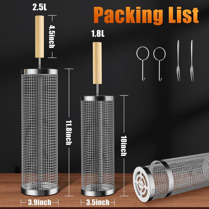 Rolling Grilling Baskets for Outdoor Grill, 2 Pcs BBQ Grill Basket, Stainless Steel Barbeque Grill accessories set, Camping Picnic Cooking Tools for Vegetable/Shrimp/Chicken, Gifts for Men Dad Husband - Image 4
