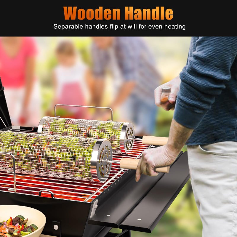 Rolling Grilling Baskets for Outdoor Grill, 2 Pcs BBQ Grill Basket, Stainless Steel Barbeque Grill accessories set, Camping Picnic Cooking Tools for Vegetable/Shrimp/Chicken, Gifts for Men Dad Husband - Image 5