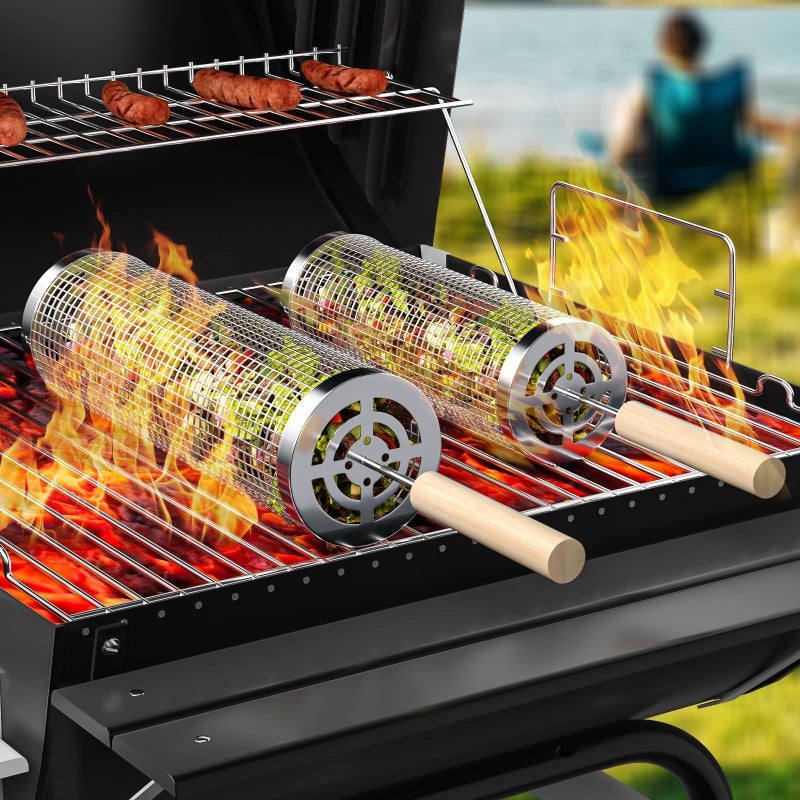 Rolling Grilling Baskets for Outdoor Grill, 2 Pcs BBQ Grill Basket, Stainless Steel Barbeque Grill accessories set, Camping Picnic Cooking Tools for Vegetable/Shrimp/Chicken, Gifts for Men Dad Husband - Image 1