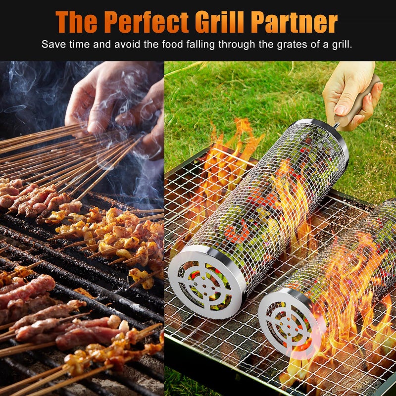Rolling Grilling Baskets for Outdoor Grill, 2 Pcs BBQ Grill Basket, Stainless Steel Barbeque Grill accessories set, Camping Picnic Cooking Tools for Vegetable/Shrimp/Chicken, Gifts for Men Dad Husband - Image 3
