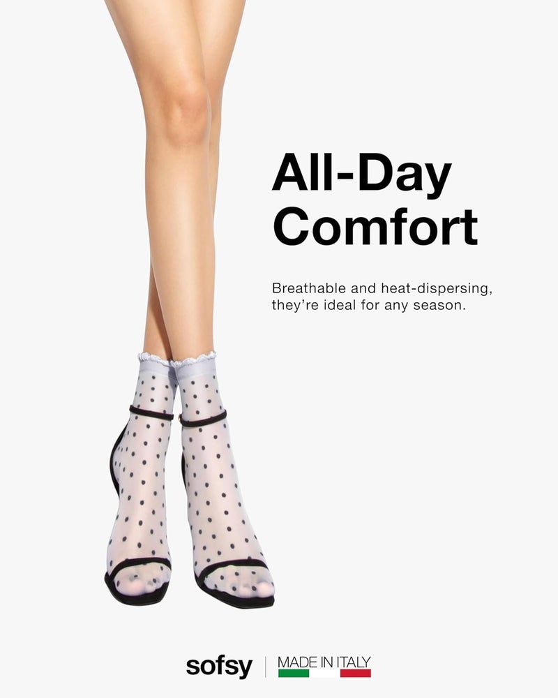 sofsy Italian Dotted Socks Collection (Ankle & Knee High) 20 Den Sheer Patterned Stockings with Ruffled Lace, Geometric Cuffs - Image 4