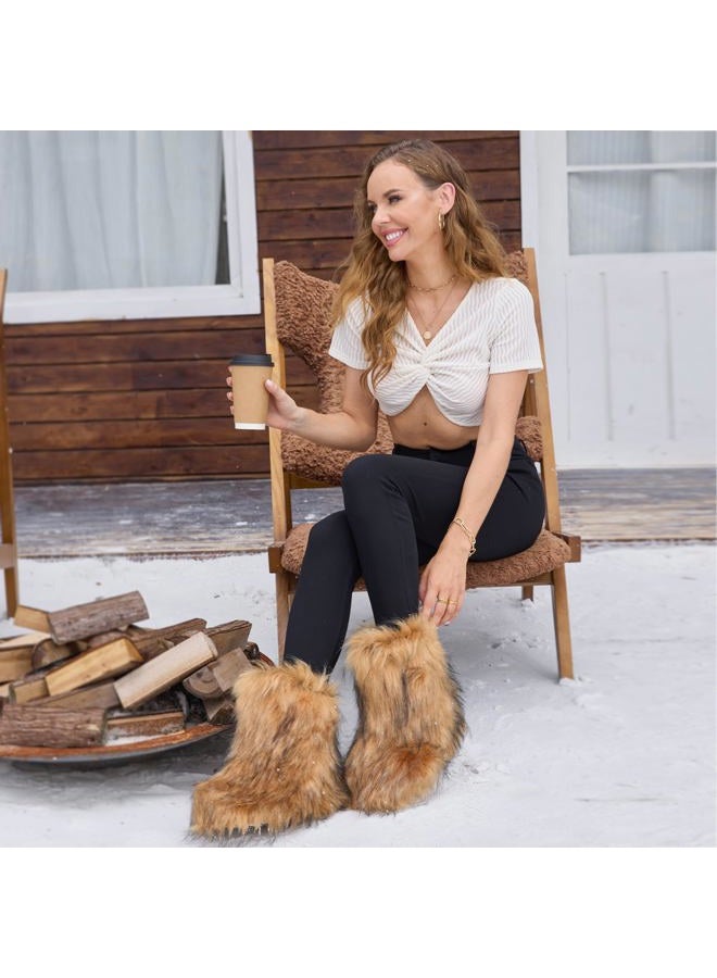 CEPEPRIN Women's Faux Fur Boots Furry Fuzzy Snow Boots Fluffy Winter Boots Warm Comfortable Mid-Calf Boots Outdoor Indoor Flat Shoes - Image 2