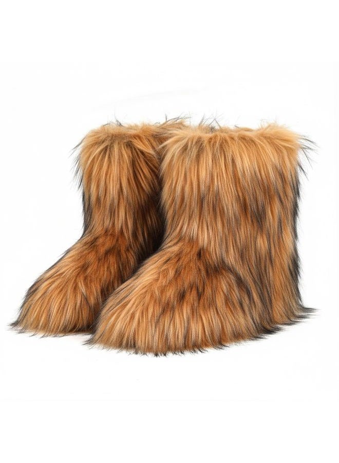 CEPEPRIN Women's Faux Fur Boots Furry Fuzzy Snow Boots Fluffy Winter Boots Warm Comfortable Mid-Calf Boots Outdoor Indoor Flat Shoes - Image 1