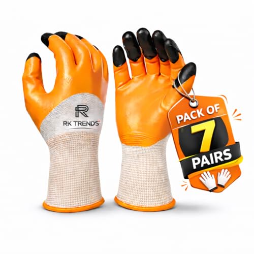 RK TRENDS Heavy Duty Coated Work Gloves For Industrial | Gardening | Agricultural |Cleaning. (Pack of 7 Pairs, Orange (Double Coated)) - Image 1