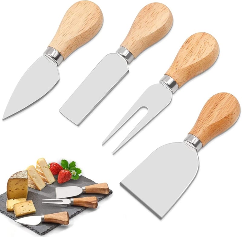 GWL Cheese Knife Set, 4 Piece Cheese Knife Set,Wood Handle Butter Spreader, Stainless Steel, Hard & Soft Cheese Slicer, Serving Fork, Cheese Spreader Parmesan Knife Kitchen Tools