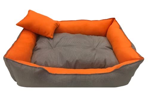 GORGEOUS Quilted Reversible Ultra Soft Dual Sofa-Style Dog Bed with 2 Pillow (Orange Grey, XXX-Large) - Image 1