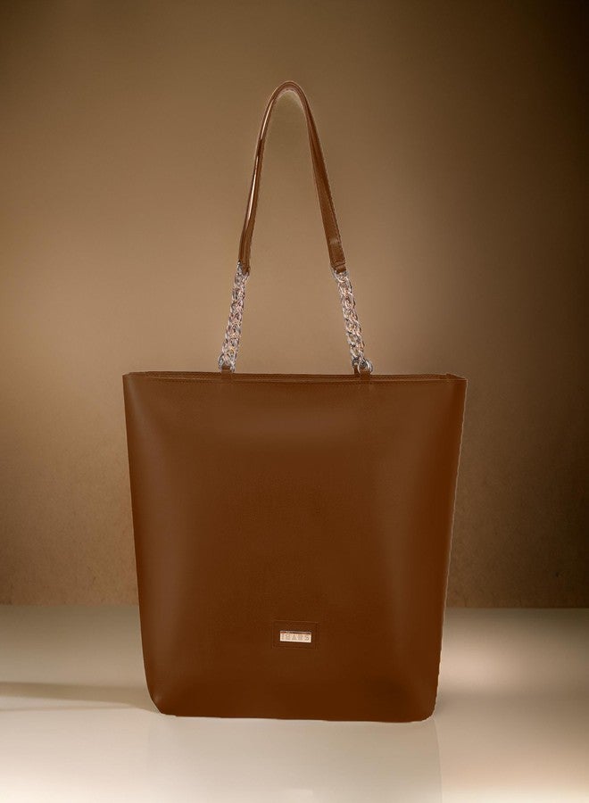 IMARS Women’s Large Tote Chain Bag - Premium Vegan Leather Handbag for Ladies, Stylish Shoulder Purse with Chain Strap, Spacious Everyday Office & Shopping Tote (Brown) - Image 2