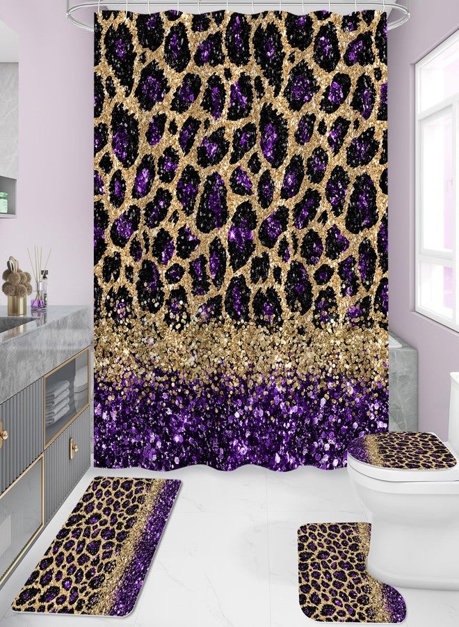 Litabel 4 Pcs Purple Leopard Print Shower Curtain Set with Non-Slip Rugs, Toilet Lid Cover and Bath Mat, Wild Animal Skin Bathroom Decor Set with Shower Curtain and Rugs(Hooks Not Included) - Image 2