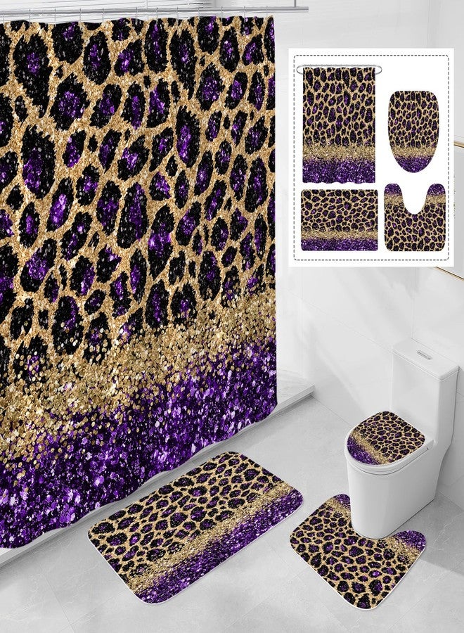 Litabel 4 Pcs Purple Leopard Print Shower Curtain Set with Non-Slip Rugs, Toilet Lid Cover and Bath Mat, Wild Animal Skin Bathroom Decor Set with Shower Curtain and Rugs(Hooks Not Included) - Image 1
