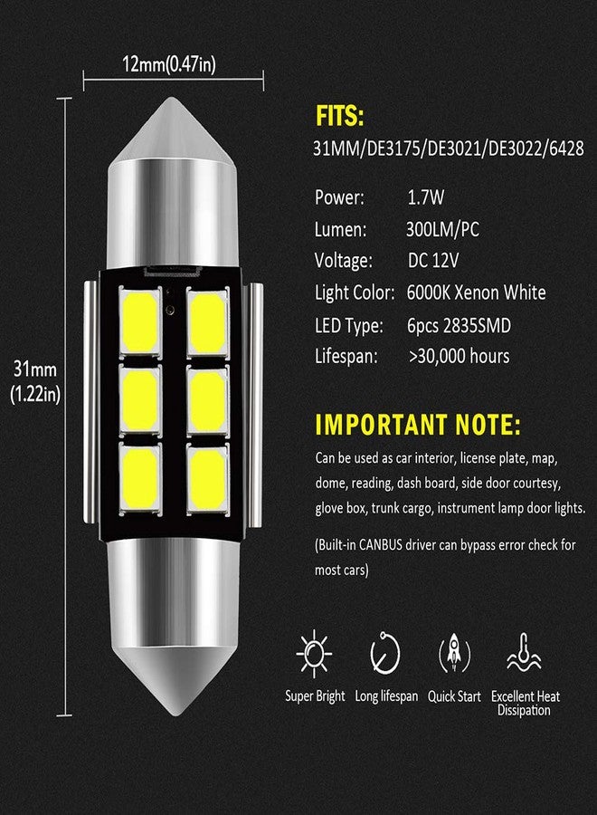 AUXLIGHT DE3175 DE3021 DE3022 3175 31MM 1.22”Festoon Canbus Error Free LED Interior Light Bulbs 6000K Xenon White, Super Bright 6SMD Chips for Dome Map Door Courtesy License Plate Lights (Pack of 6) - Image 3