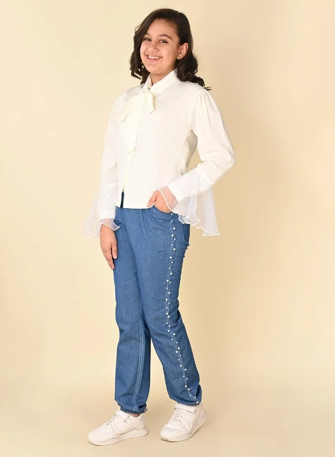LILPICKS Balloon Sleeve Shirt with Embroidered Jogger Jeans Set