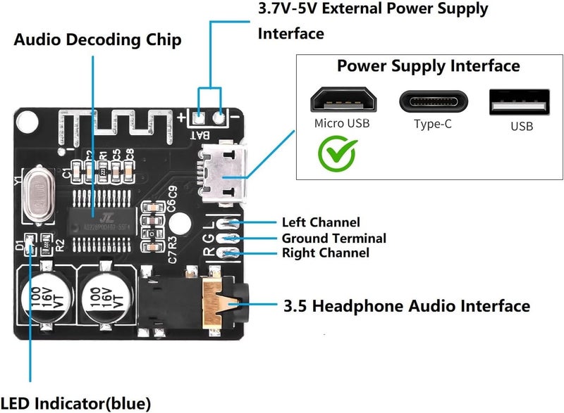 5 قطع من وحدة استقبال الصوت، Aideepen BT 5.0 مضخم صوت ستيريو 3.7-5V لوحة فك تشفير MP3 مضخم صوت للسيارة - Image 2